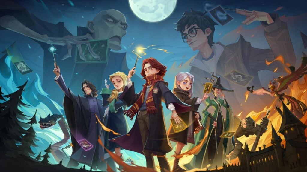 Feature image for our Harry Potter Magic Awakened tier list. It shows several characters in Hogwarts uniforms, below a faint image of Harry Potter and Voldemort fighting.