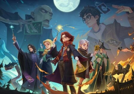 Feature image for our Harry Potter Magic Awakened tier list. It shows several characters in Hogwarts uniforms, below a faint image of Harry Potter and Voldemort fighting.