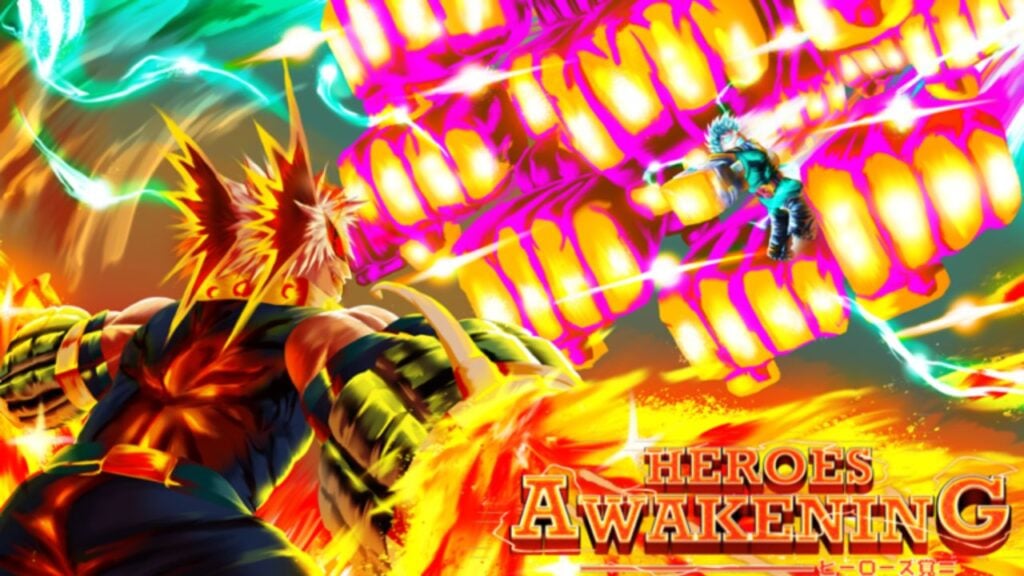 Feature image for our Heroes Awakening quirk tier list. The image shows art of two blocky characters battling. One is using fire, and the other is sending many fists made of glowing energy toward their opponent.