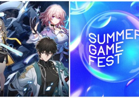 feature image for our honkai star rail playstation release news, the image features official promo art for honkai star rail of march 7th, dan heng, and the main character, trailblazer, as well as a promo image for the summer game fest with the title inside of a floating bubble as it is surrounded by other bubbles