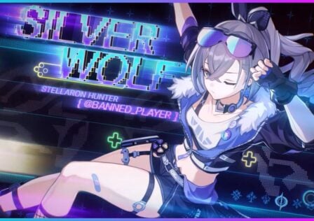 feature image for our honkai star rail silver wolf news, the image features a screenshot from her trailer, with a piece of promo art of her stretching, with her name at the top and text that reads "stellaron hunter" as she is surrounded by gaming related symbols