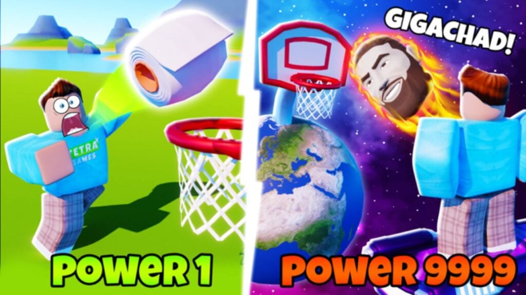 Feature image for our Hoop Simulator codes guide. it shows one character labeled 'Power 1' throwing a toilet roll into a hoop. It shows another labeled 'Power 9999' throwing a gigachad heap at a hoop on a different planet.