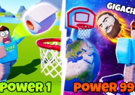 Feature image for our Hoop Simulator codes guide. it shows one character labeled 'Power 1' throwing a toilet roll into a hoop. It shows another labeled 'Power 9999' throwing a gigachad heap at a hoop on a different planet.