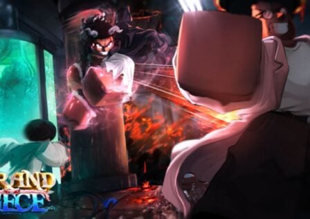 Feature image for our guide on how to get cyborg GPO. It shows promo art of the inside of a lab, with a character throwing a knife and a fleeing scientist.
