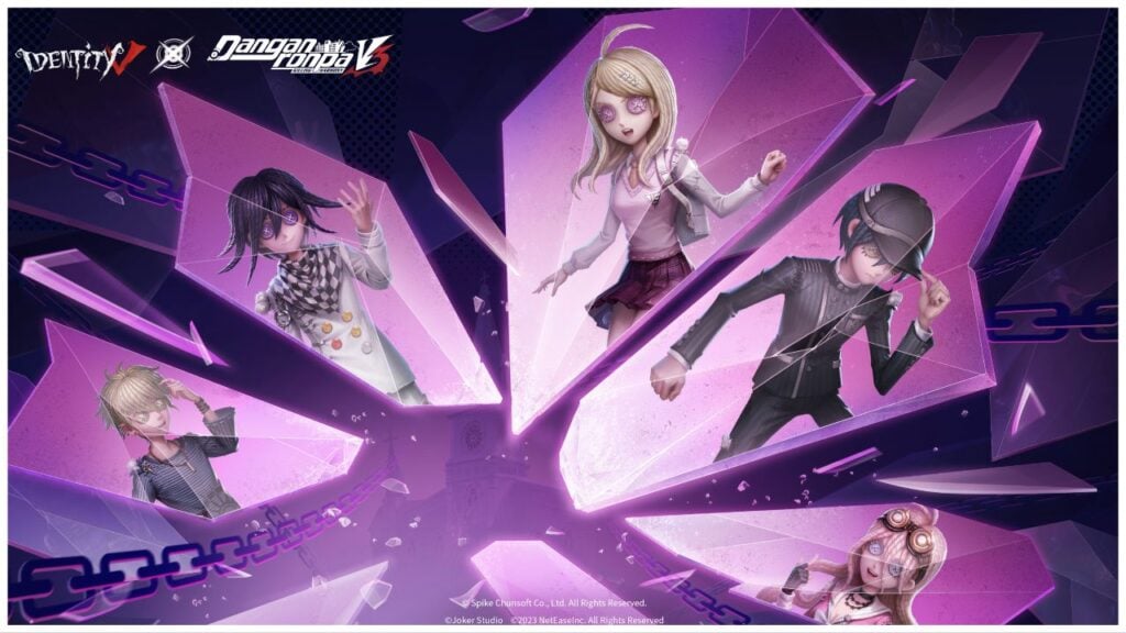 feature image for our identity v x danganronpa V3 collab news, the image features promo art for the event, with danganronpa characters in the style of identity v survivors as they appear inside of broken shards of glass