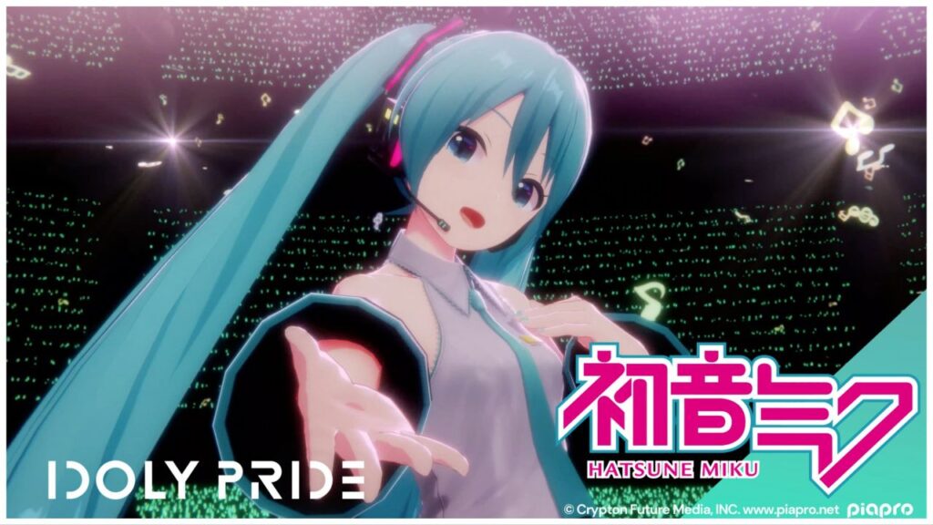 feature image for our idoly pride hatsune miku event news, the image features a promo image of the vocaloid hatsune miku wearing her stage outfit and microphone headpiece as she holds her hand out towards the audience as she sings, the idoly pride logo as well as hatsune miku's logo are also on the image, hatsune miku is surrounded by her audience holding up glowsticks and flashing cameras