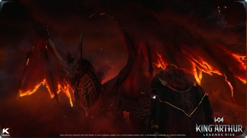 Feature image for our King Arthur Legends Rise codes guide. It shows a figure in a cloak facing a large red dragon. The dragon's wings are burning.