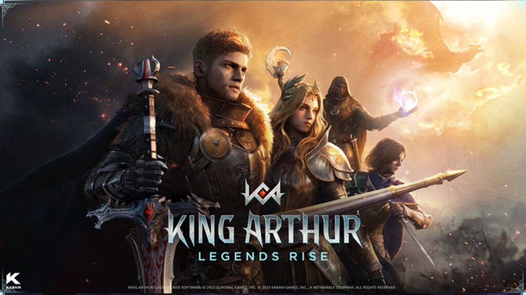 Feature image for our King Arthur Legends Rise tier list. It shows several characters in armor with weapons stood in a mountainous area.
