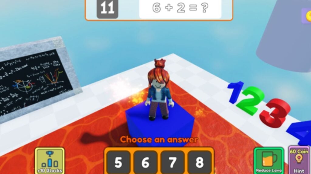 Feature image for our Math Answer Or Die codes guide. It shows an in-game screen of a Roblox character stood on a tower of block with lava below. A math questions hovers on the top of the screen, with answer options at the bottom.