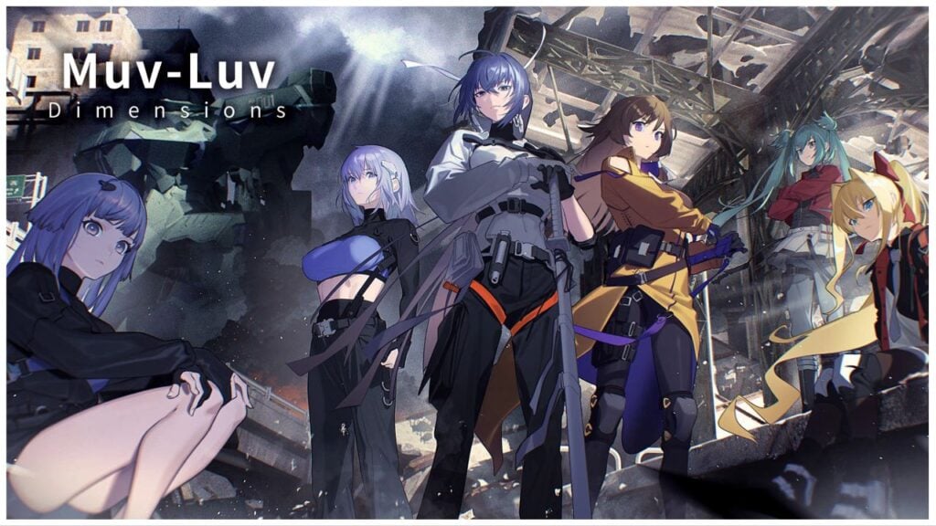 feature image for our muv-luv dimensions relaunch, the image features promo art for the game of 5 characters from the muv-luv franchise as they sit and stand amidst destroyed buildings and rubble
