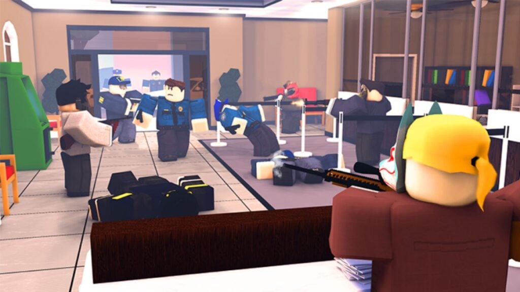 Feature image for our Notoriety codes guide. It shows a Roblox scene of a bank robbery, with a teller stood at a bank counter as some masked robbers stand off with the police.