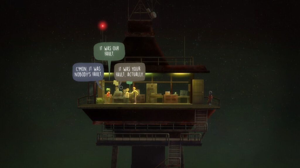 Feature image for our feature on the best Android adventure games. It shows a screen from Oxenfree, with characters interacting atop a tower after dark.