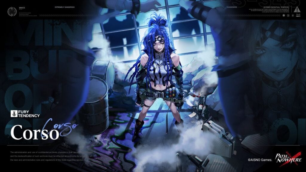 Feature image for our Path To Nowhere event news piece. It shows the new Sinner character Corso, a woman with plaited blue hair and dripping mascara stood around destroyed and leaking oil barrels.