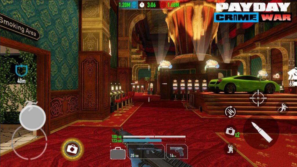 Feature image for our PAYDAY: Crime War news piece. It shows an in-game screen of a view inside a casino form the player's perspective. There's a green car on a platform in the center of the room.