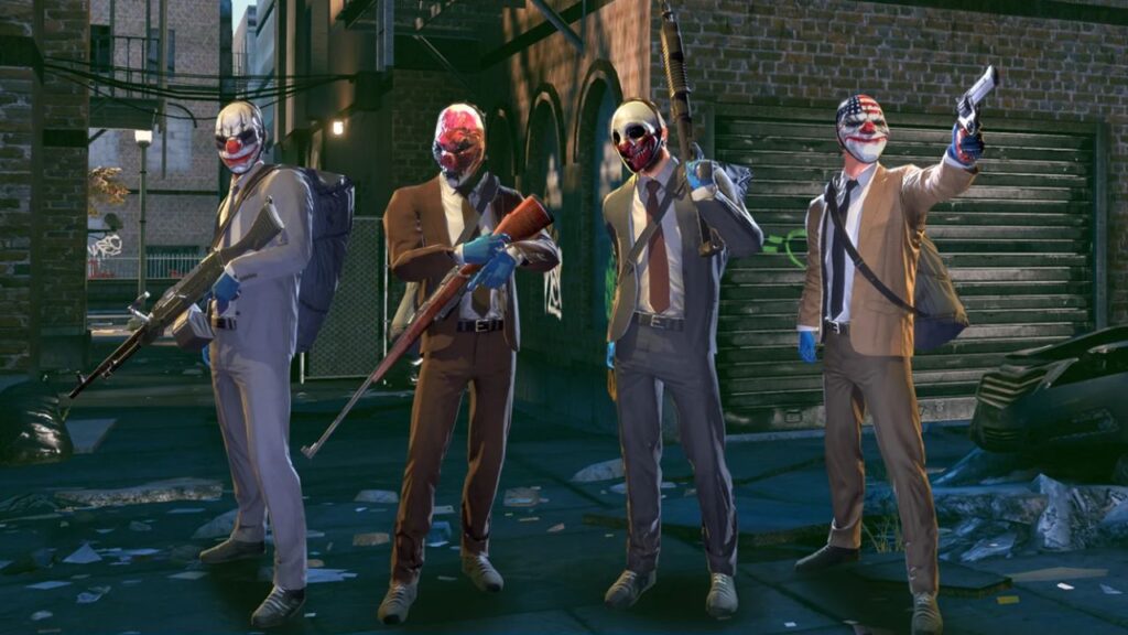 Feature image for our Payday: Crime War tier list. It shows four masked figured with weapons stood in an alleyway.