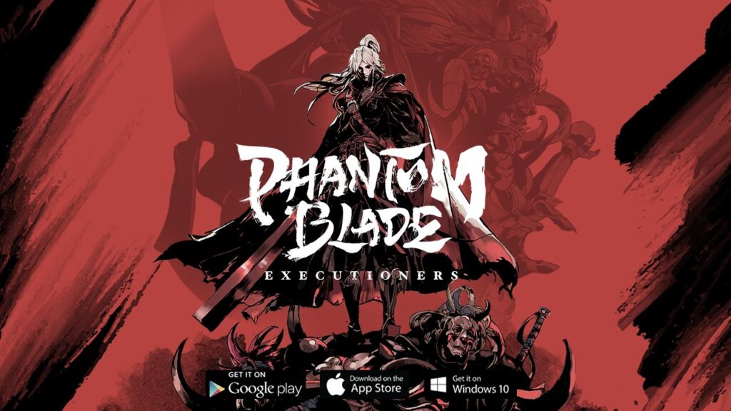 Feature image for our Phantom Blade: Executioners beta news. It shows a figure with long white hair wearing a long coat and holding a sword stood on a pile of scattered armor and masks, against a red background.