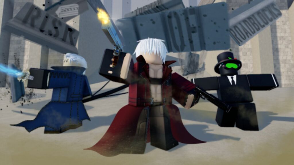 Feature image for our Risk Of Roblox enchantments guide. It shows 3 Roblox characters armed with different weapons.