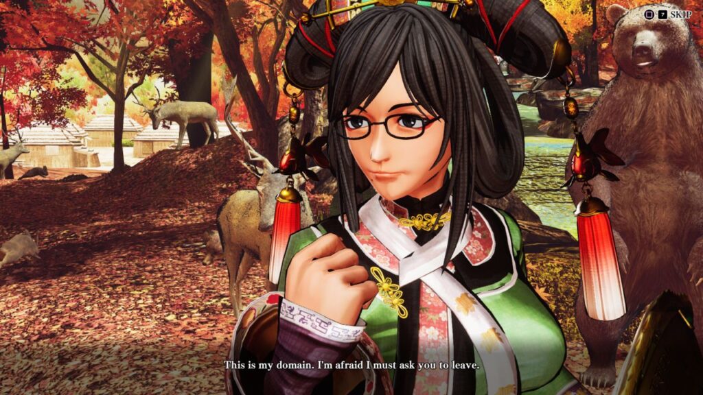 Feature image for our Samurai Shodown news piece. It shows a cutscene with a character with dark braided hair and glasses.