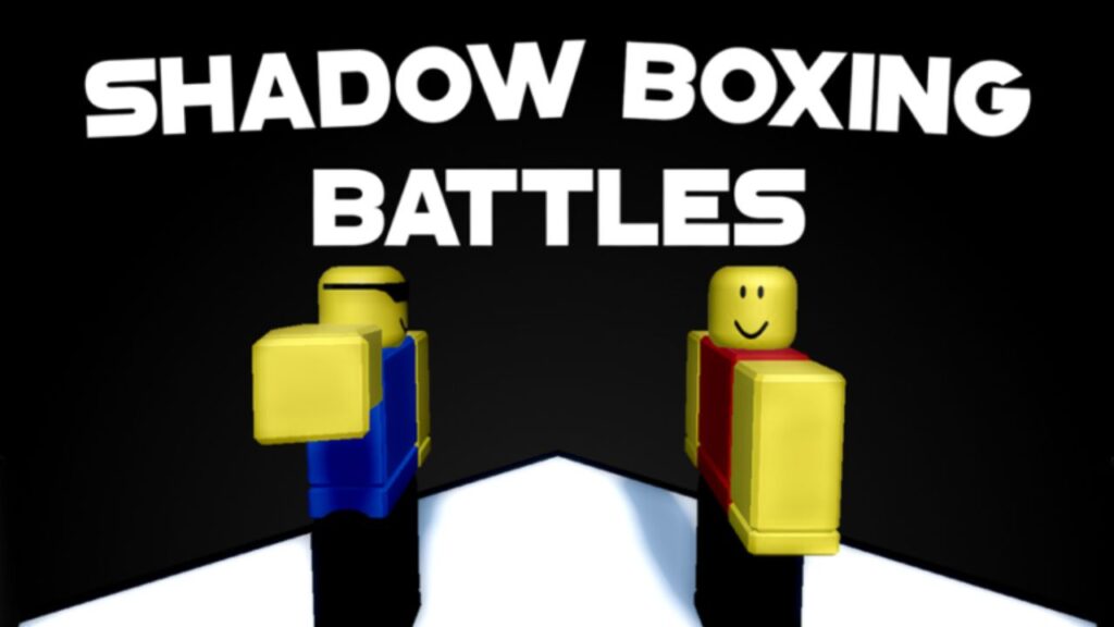 Feature image for our Shadow Boxing Battles codes. It shows two Roblox characters, one facing the viewer, the other facing towards the other character.