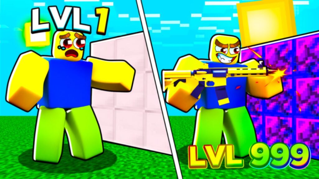 Feature image for our Shoot Wall Simulator codes guide. It shows two Roblox characters. One, labeled 'LVL 1' is crying and punching the wall bare-handed. The other, labeled 'LVL 999' is grinning and firing into the wall with a yellow and blue assault rifle.