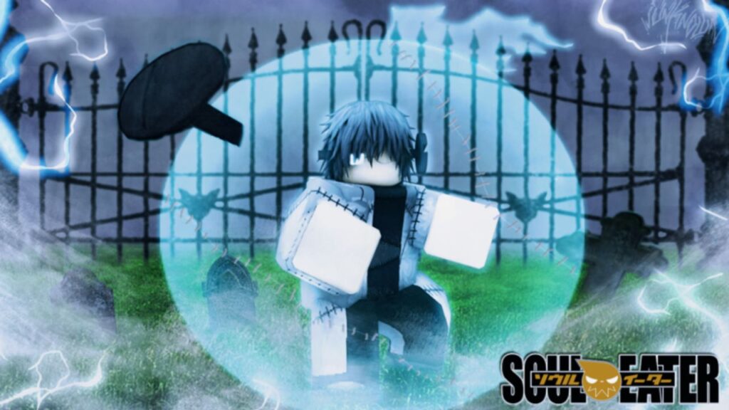 Feature image for our Soul Eater Resonance codes guide. It shows a Roblox character with silver hair, pale skin, and stitches on his body standing in a graveyard.