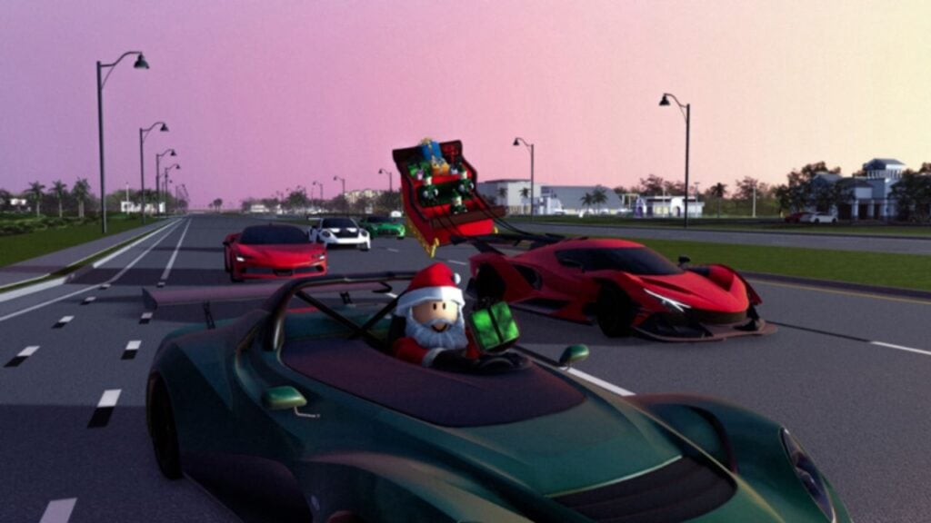 Feature image for our Southwest Florida codes guide. It shows a Roblox character dressed as Santa driving a sports car down a large road. Another car is pulling his sleigh.