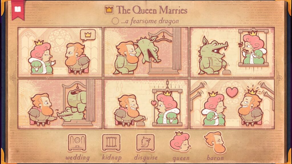 Feature image for our Storyteller Android release news piece. It shows a set of story panels where a Baron dressed up as a dragon and kidnaps the queen.