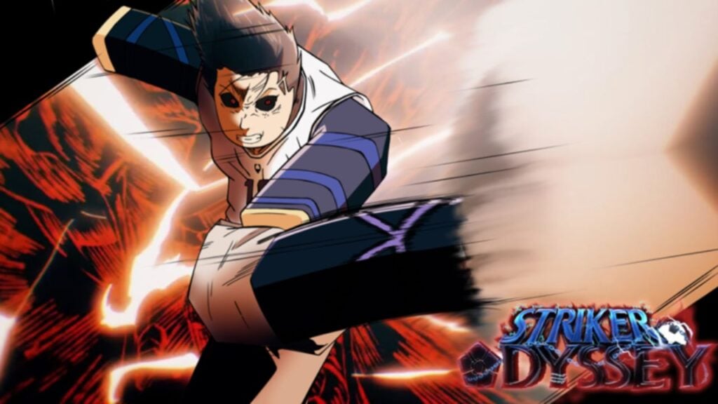 Feature image for our Striker Odyssey prodigy tier list. It shows a Roblox anime character with dark hair and dark eyes kicking a ball as lightning strikes a red sky background.