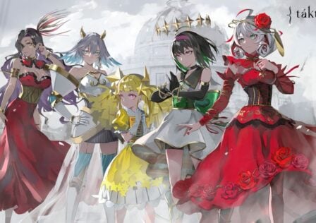 Feature image for our Takt Op Symphony tier list. It shows five female characters stood amid a wrecked city, with a smashed dome behind them.