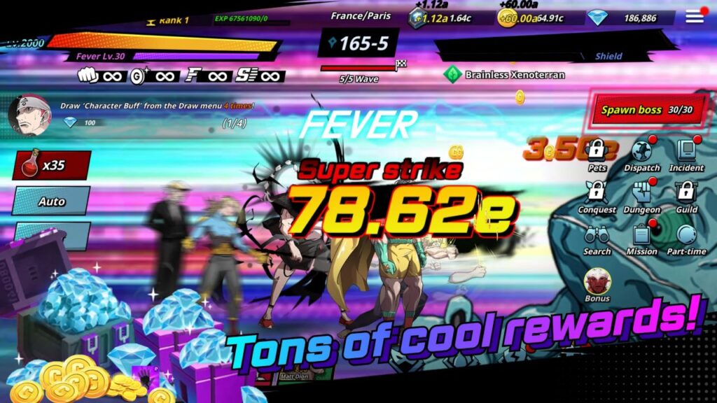 Feature image for our Era Of Overman codes. It shows a battle screen with several characters facing off against a large, blue chameleon-like monster.