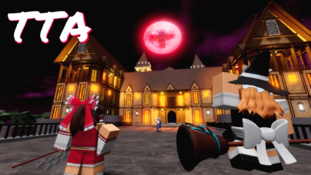 Feature image for our Touhou Tower Assault codes guide. It shows two female characters facing a large building with a red moon in the sky. A figure floats in front of the moon.