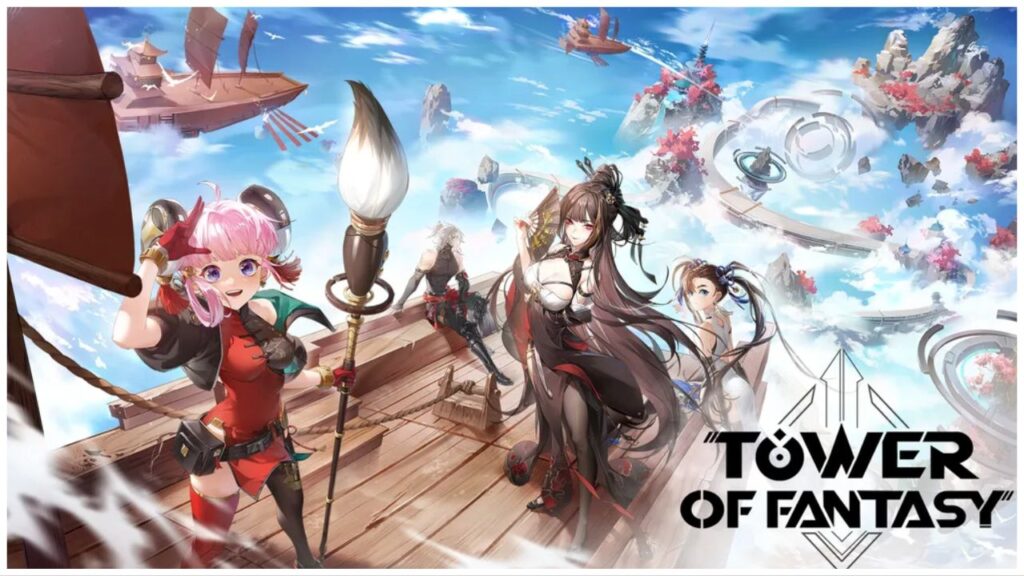 feature image for our tower of fantasy playstation crossplay and cross-progression news, the image features official promo art for the game of some characters sitting on a floating ship in the air, as they are surrounded by other ships, with a mountain and structure behind them in the distance, one character is holding a weapon that looks like a paintbrush