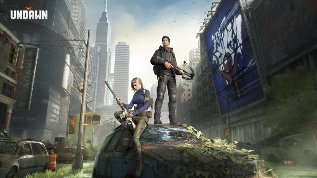 Feature image for our Undawn codes guide. It shows a man and a woman, armed with a crossbow and a rifle respectively, stood on top of an overgrown car in a ruined city. On a billboard behind them it's possible to see the fractured image of a clown face.