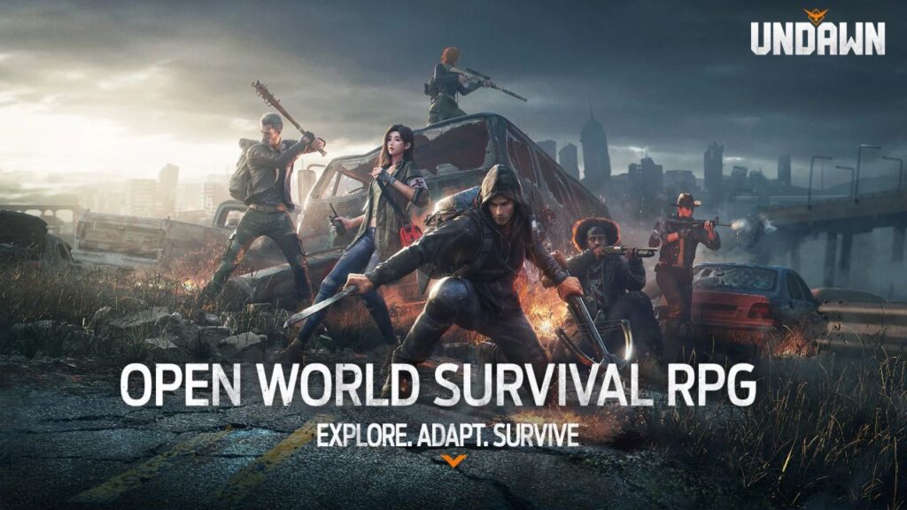 Feature image for our Undawn tier list. It shows an assortment of survivor characters against the backdrop of a ruined cityscape.