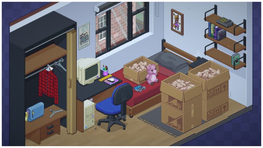 feature image for our unpacking mobile version news, the image features a promo screenshot of one of the levels from the game, which features a pixel drawing of a room, with a bed, computer on a desk, a wardrobe that is open with a shirt inside, shelves with books by the bed and a window with a view of a brick wall, there are also cardboard boxes that are open by the bed on the carpet