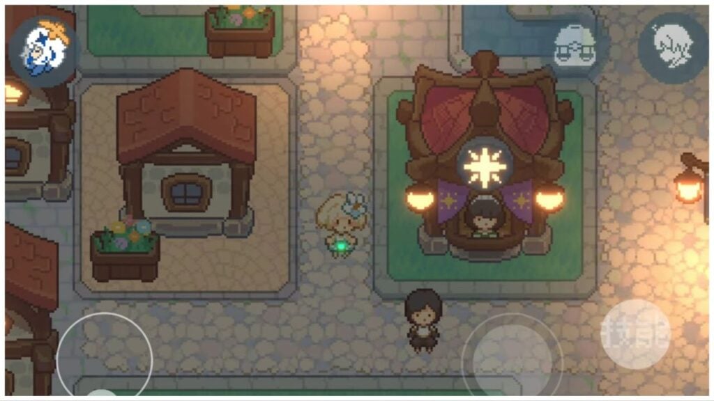 feature image for our 2D genshin impact news, the image features a screenshot from the gameplay video of a pixelated version of lumine walks through mondstadt and walks by katheryne at the adventurer's guild, there is a small icon of paimon in the top left