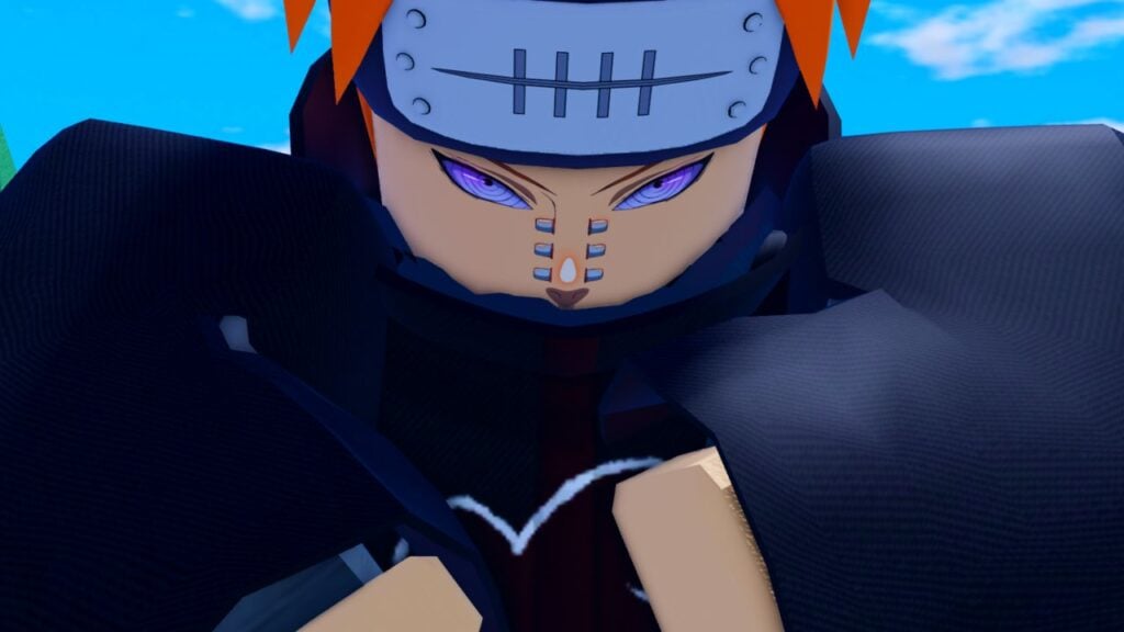 Feature image for our Anime Fighting Simulator X codes guide. It shows a screen from an in-game cutscene with a figure with orange hair, a ninja headband, a dark cloak, and silver eyes facing the viewer.
