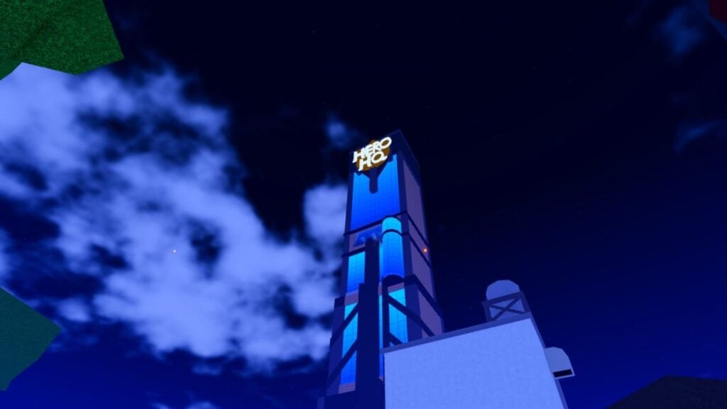 Feature image for our Anime Fighting Simulator X tier list. It shows an in-game screen showing a skyline with a modern tower building. A sign on the tower reads 'Hero HQ'.