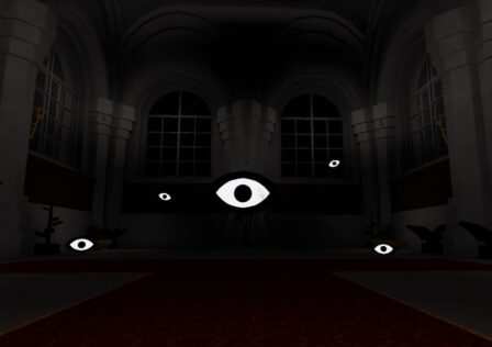 Feature image for our Arcane Lineage Impaler class guide. It shows an in-game screen of the inside of a church-like area, with several disembodied eyes hovering in the air.