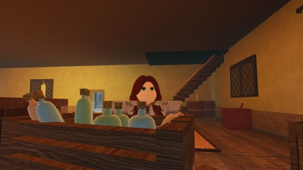 Feature image for our Arcane Lineage potions guide. It shows a player character looking at a box of potions in a potion shop.