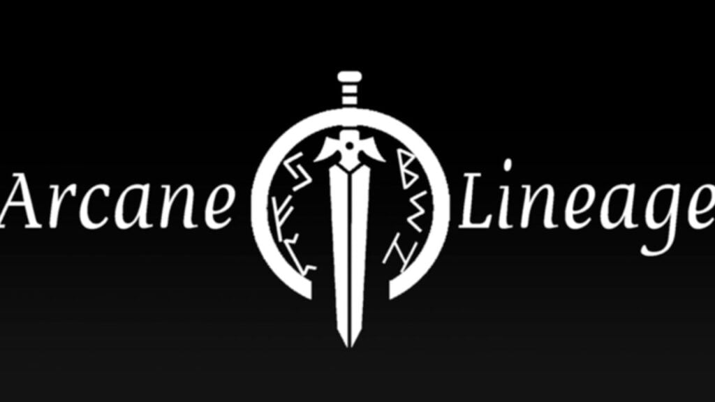 Feature image for our Arcane Lineage Races guide. It shows the white logo of a sword with an incomplete ring in front of it, on a black background.