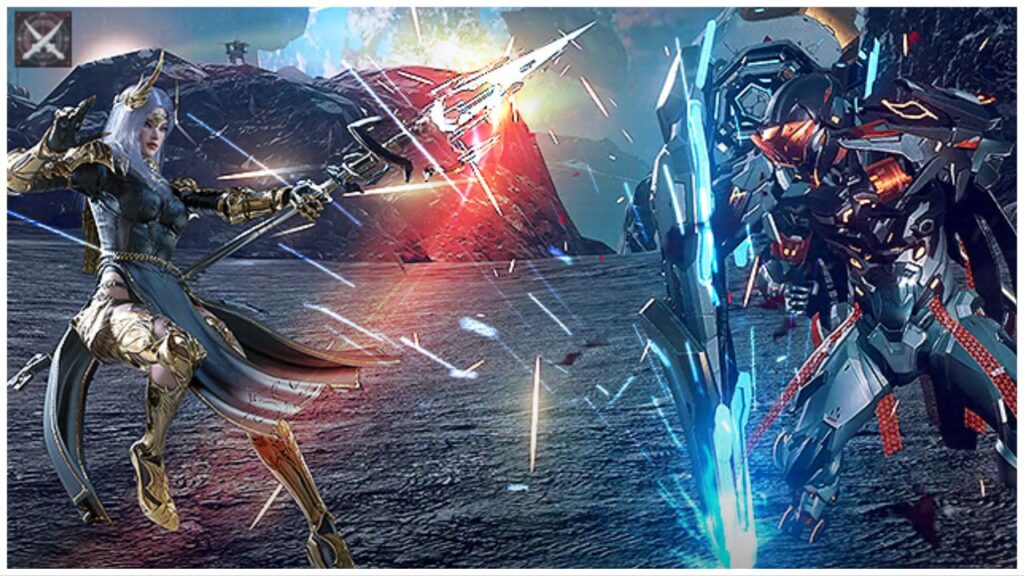 feature image for our ares: rise of guardians launch news, the image features a character from the game battling against a large robot. The character is wielding a spear while jumping backwards as the robot places a weapon or shield into the ground