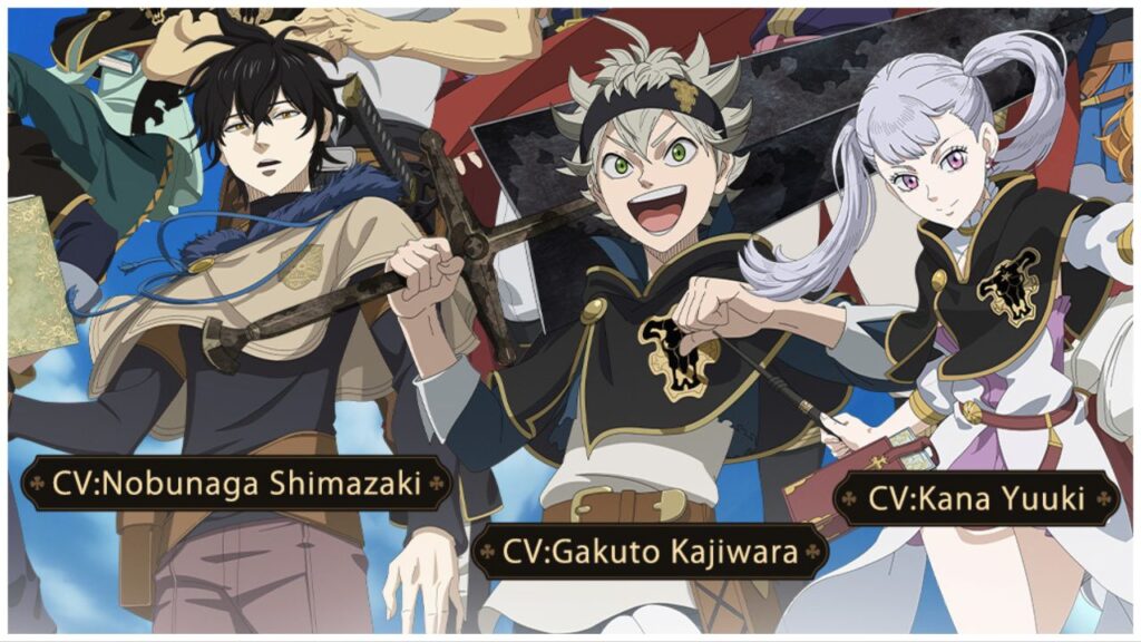 feature image for our black clover mobile delayed news, the image features promo art for the game of three characters from the series as they hold their weapons, the male on the left side is holding a book, the male in the middle is holding a giant sword over his shoulder while smiling widely and the girl on the right side is holding a wand as she slightly smiles, the names of the voice actors are also included on the art
