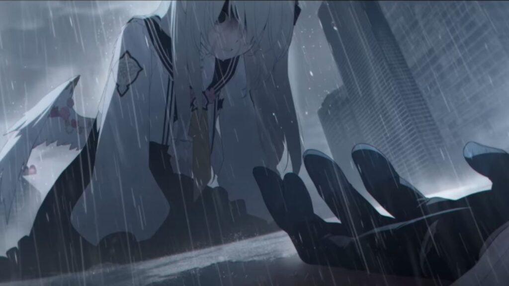 Feature image for our Blue Archive anniversary news piece. It shows promotional art of a female character with long white hair and wings, kneeling on the ground in a grey cityscape in the rain. Tears stream down her face as she stares at a hand that appears to be another person lying on the ground.