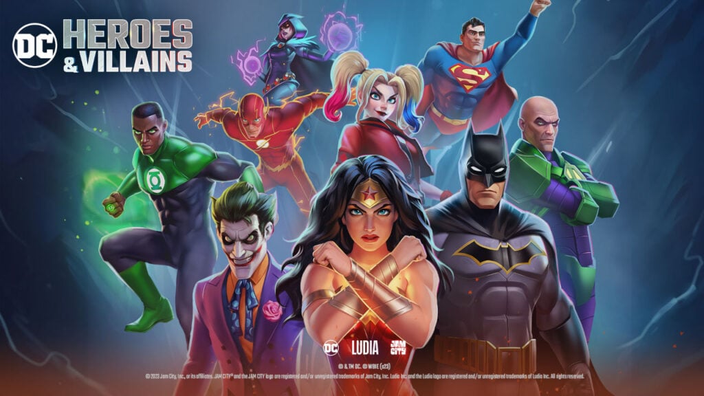 DC Heroes and Villains official artwork, depicting Batman, Wonder Woman, and more.