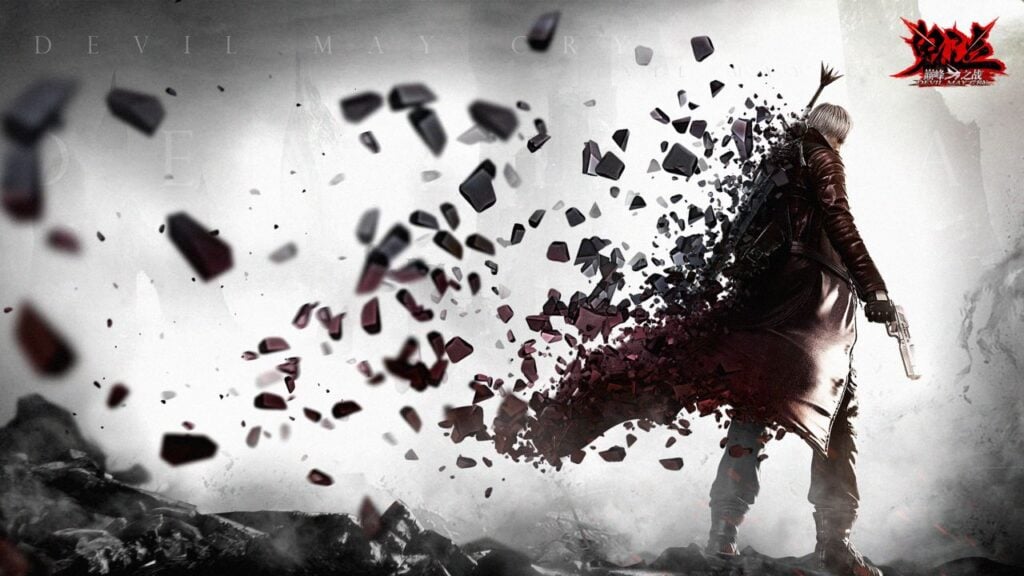 Feature image for our Devil May Cry Peak Of Combat codes guide. It shows a character in a long red coat who appears to be dissolving into shards.