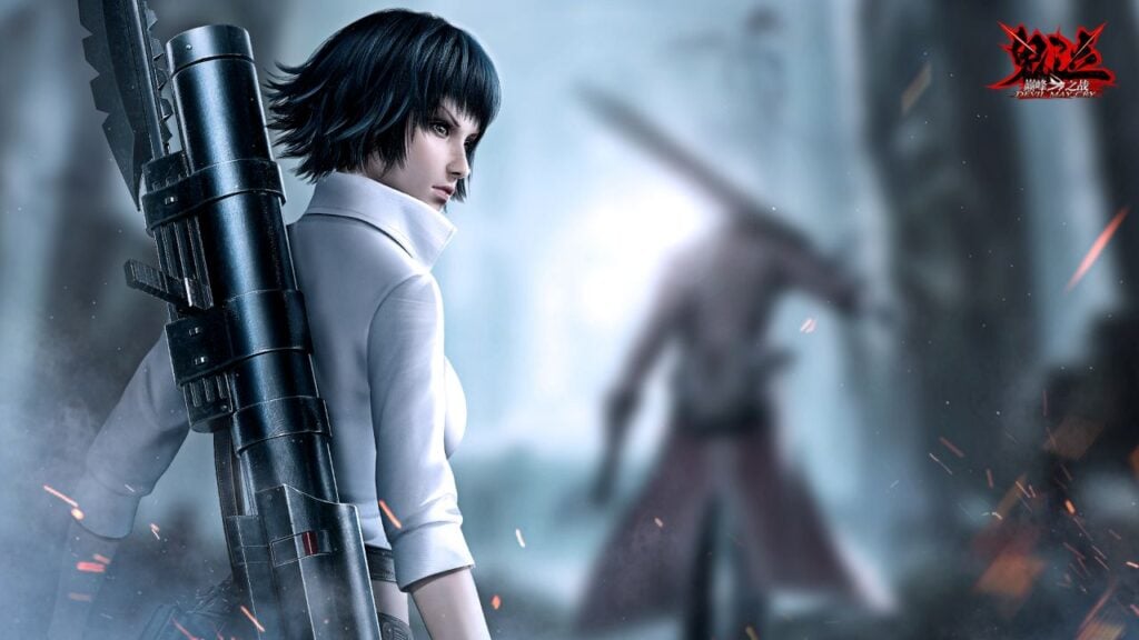 Feature image for our Devil May Cry Peak Of Combat reroll guide. It shows the character of Lady, a female with bob cut black hair. A cannon, blade combo weapon is slung over her back.