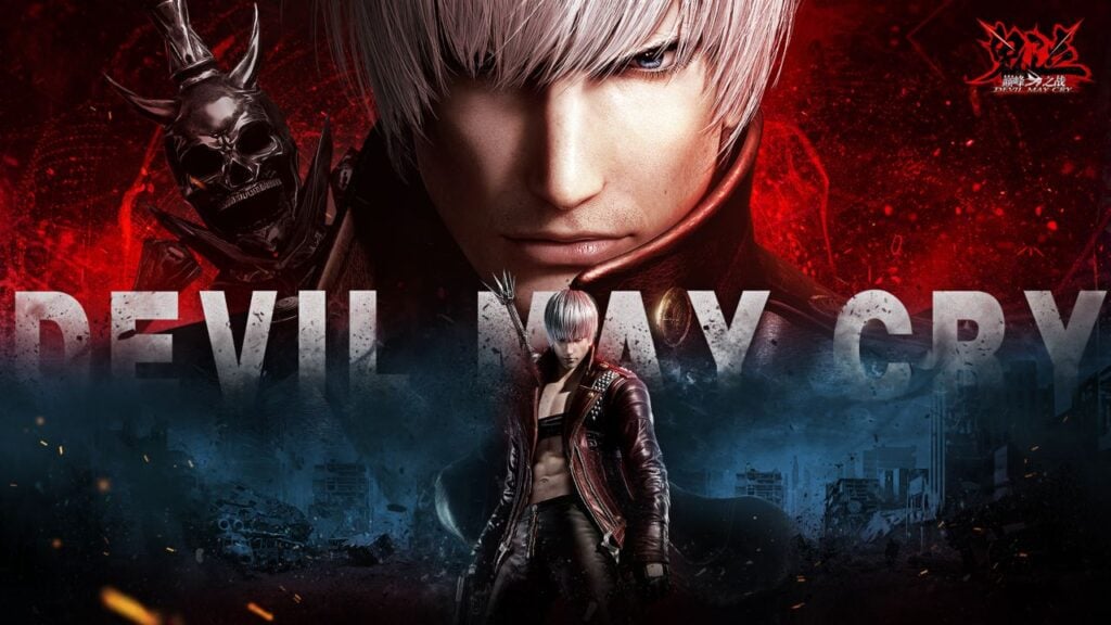 Feature image for our Devil May Cry Peak Of Combat tier list. It shows the character Dante, a white-haired individual, in both a full figure view and a portrait head shot.