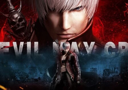 Feature image for our Devil May Cry Peak Of Combat tier list. It shows the character Dante, a white-haired individual, in both a full figure view and a portrait head shot.