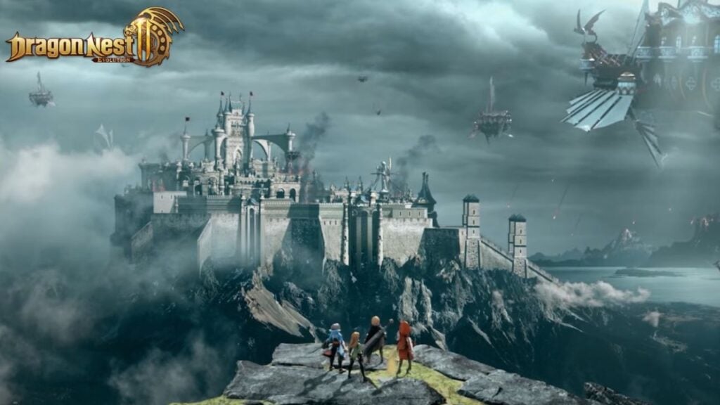 Feature image for our Dragon Nest 2: Evolution codes guide. It shows a daprty of characters stood in a cliff top, looking towards a walled city in the middle-distance. Several flying ships move through the air towards the city.